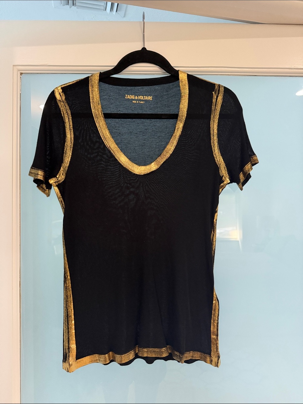 Zadig & Voltaire Black Sheer V-Neck Tee with Gold Trim
